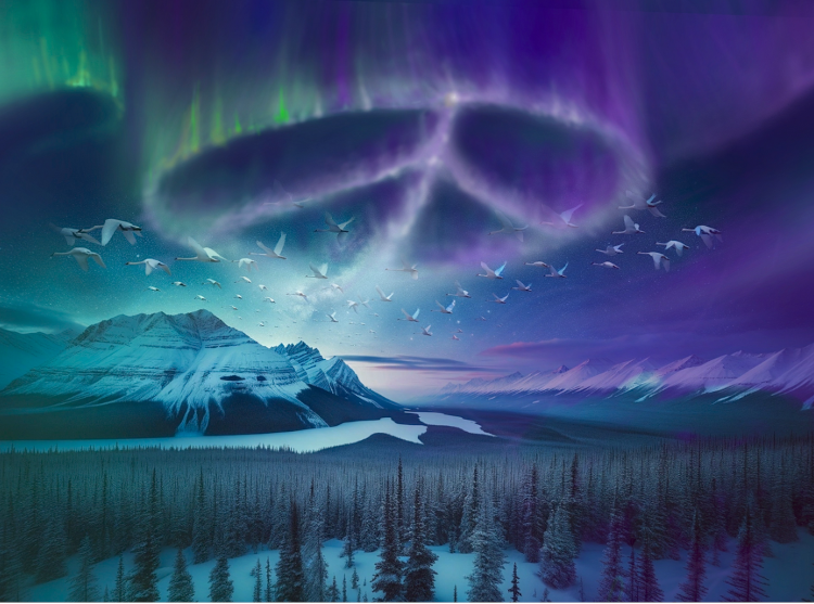 Aurora Borealis forms a peace symbol in the sky over the winter wilderness.